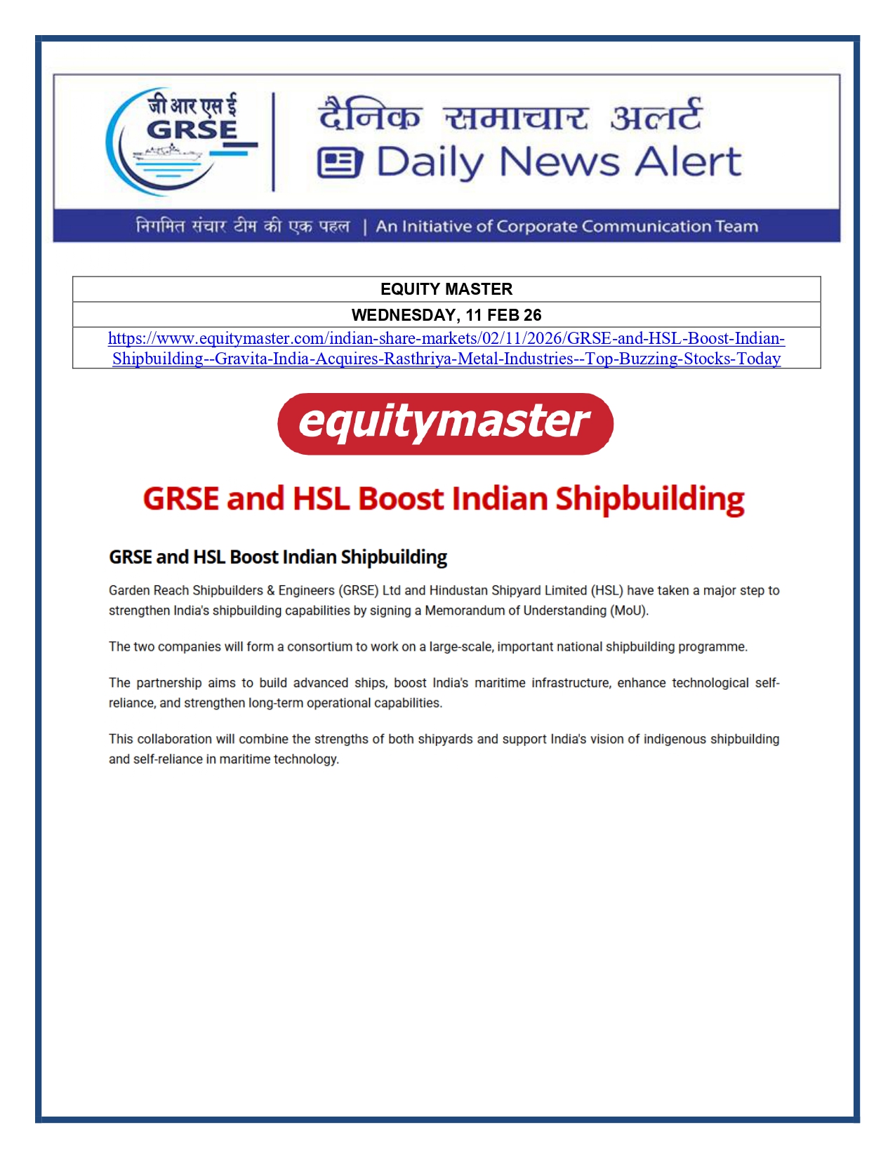 Press Coverage: 11 FEB 26: EQUITY MASTER